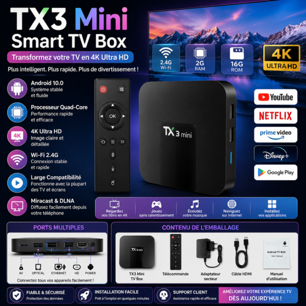 TX3 Mini Smart TV Box 📺– Transformez Votre TV en 4K Ultra HD avec Wi-Fi 🚀